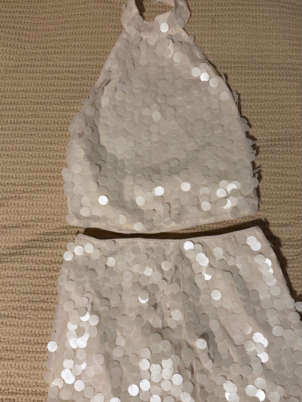 SHEIN White Sequin Halter Crop Top & Skirt Set